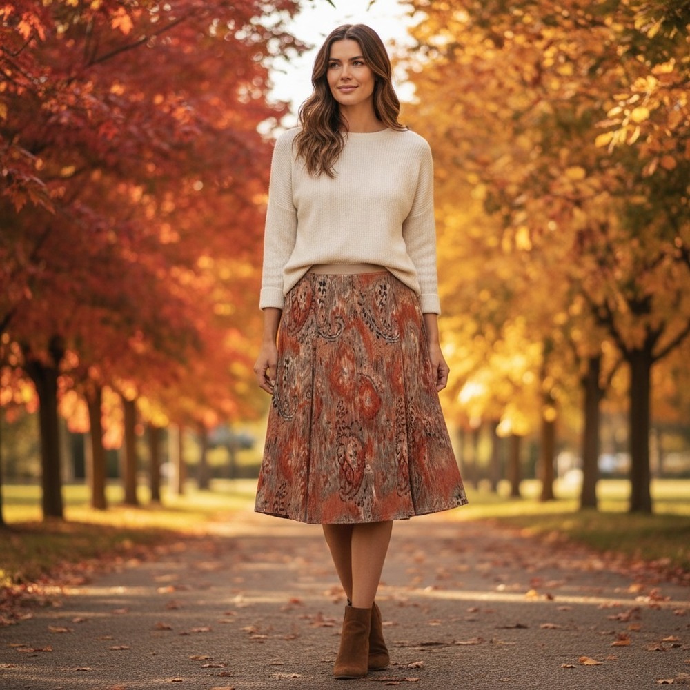 Autumn Orange Brown Abstract Paisley Chiffon Pleated A-Line Skirt 16/XL Boho